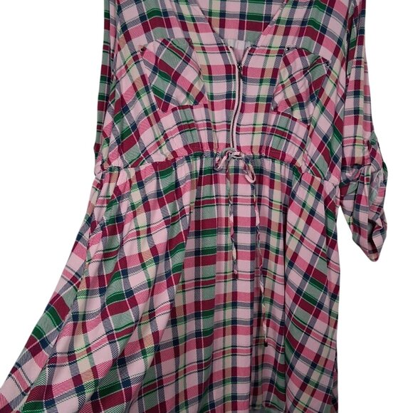 Torrid Dress Size 3 Plus Size 3X Pink Green Blue Pliad Roll Sleeve Midi Zip - Picture 3 of 16